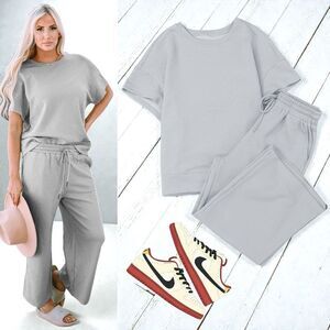 Gray Textured Lounge Set | Oversized T-Shirt and Wide Leg Pants | Boutique | NWT